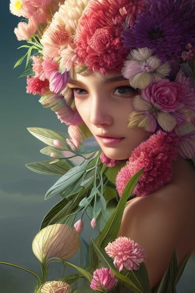 Botanical Warrior Holding Flowers in Ultrarealistic Style
