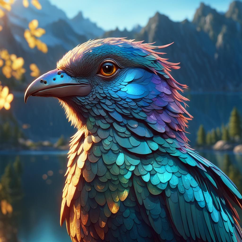 Electric Bird Portrait with Sparkling Lake, Splash Art