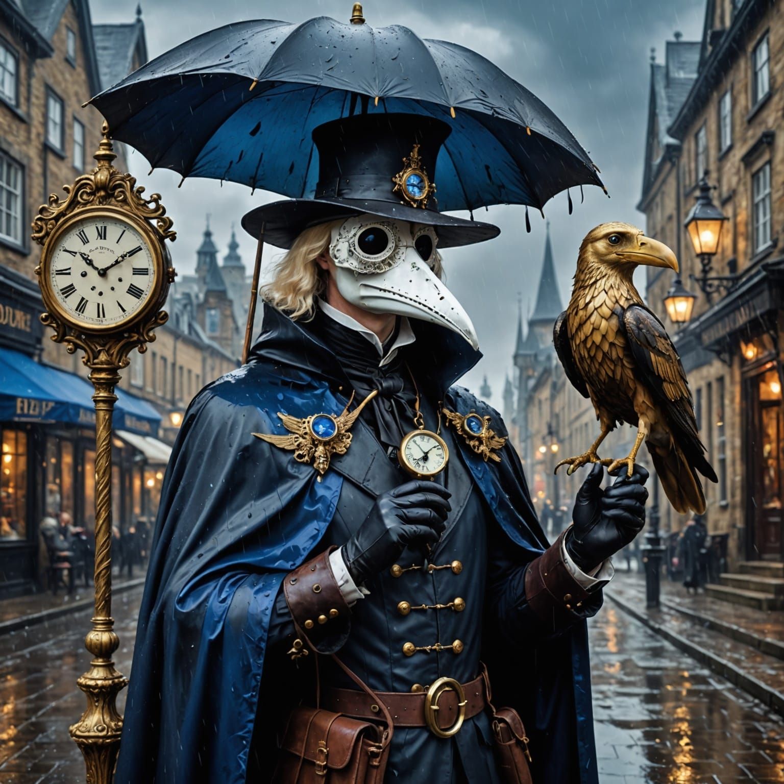Steampunk Plague Doctor & Valkyrie in Surreal Rain