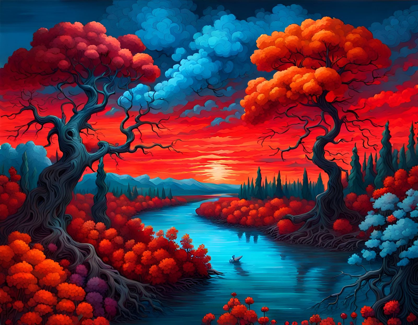 Intricate Landscape with Crimson and Orange Sky