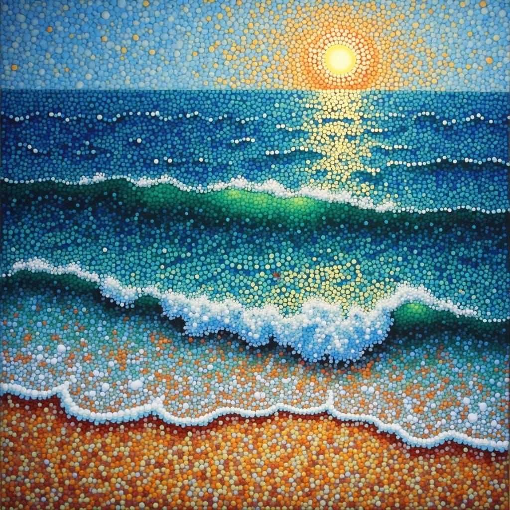 Seaside Scene in Pointillist Style