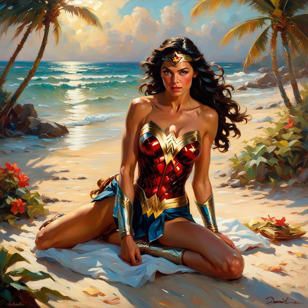 Beautiful “Wonder Woman” sunbathing on a tropical beach. Risqué happy and flirtatious.   Daniel Gerhartz. intricately de...