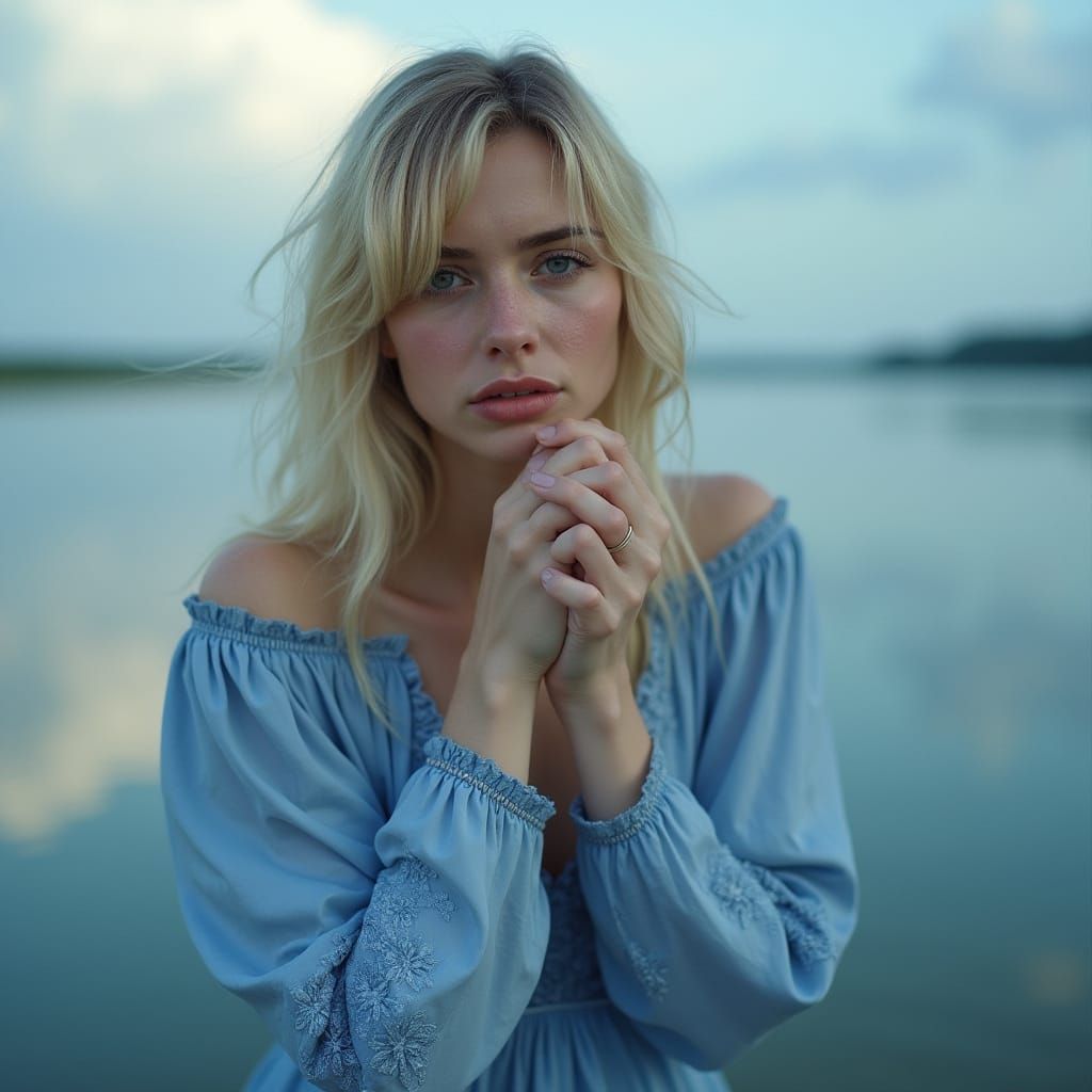 Blonde Woman Crying by Lake in Hyperrealistic Style