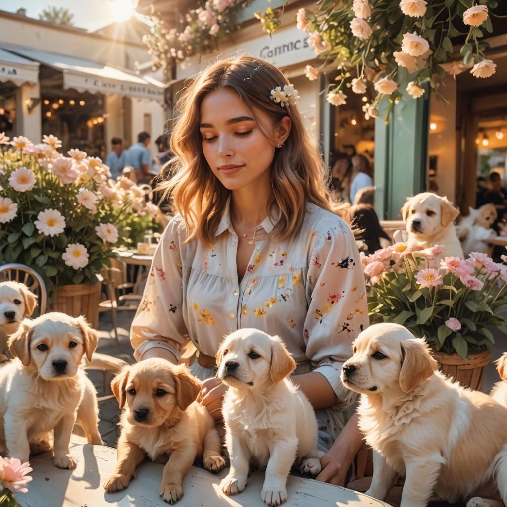 Girl with Puppies at Cafe in Impressionist Style