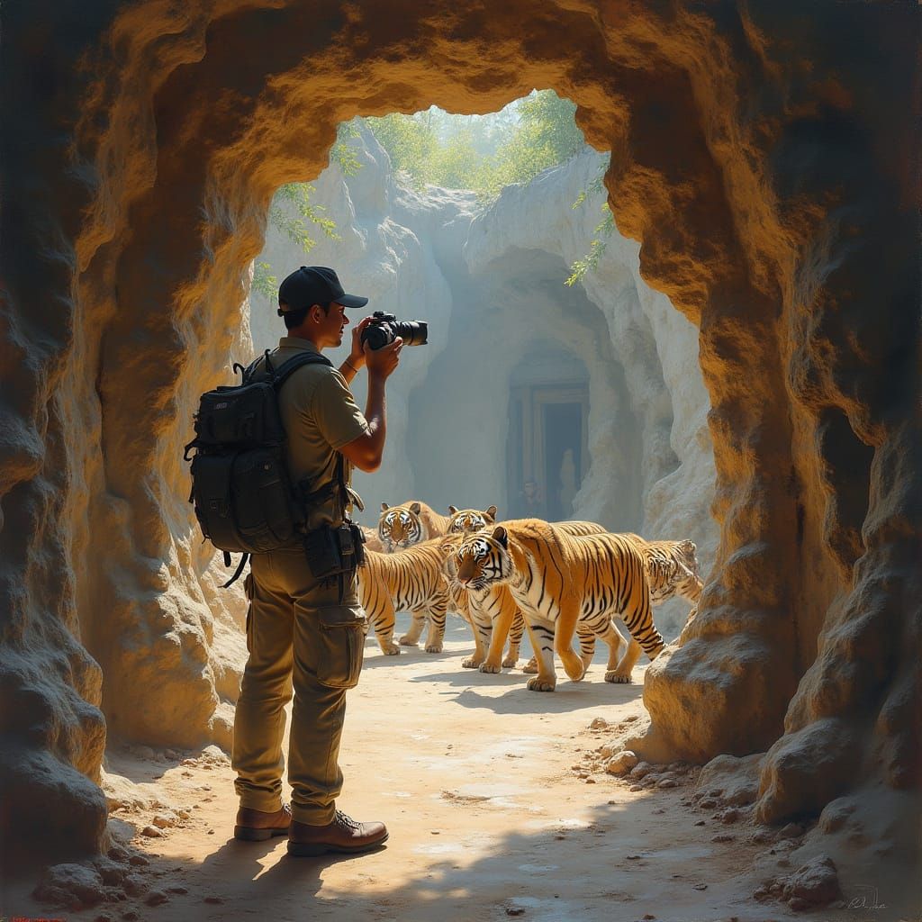 Thai Photographer Captures Tigers in Cave as Oil Painting