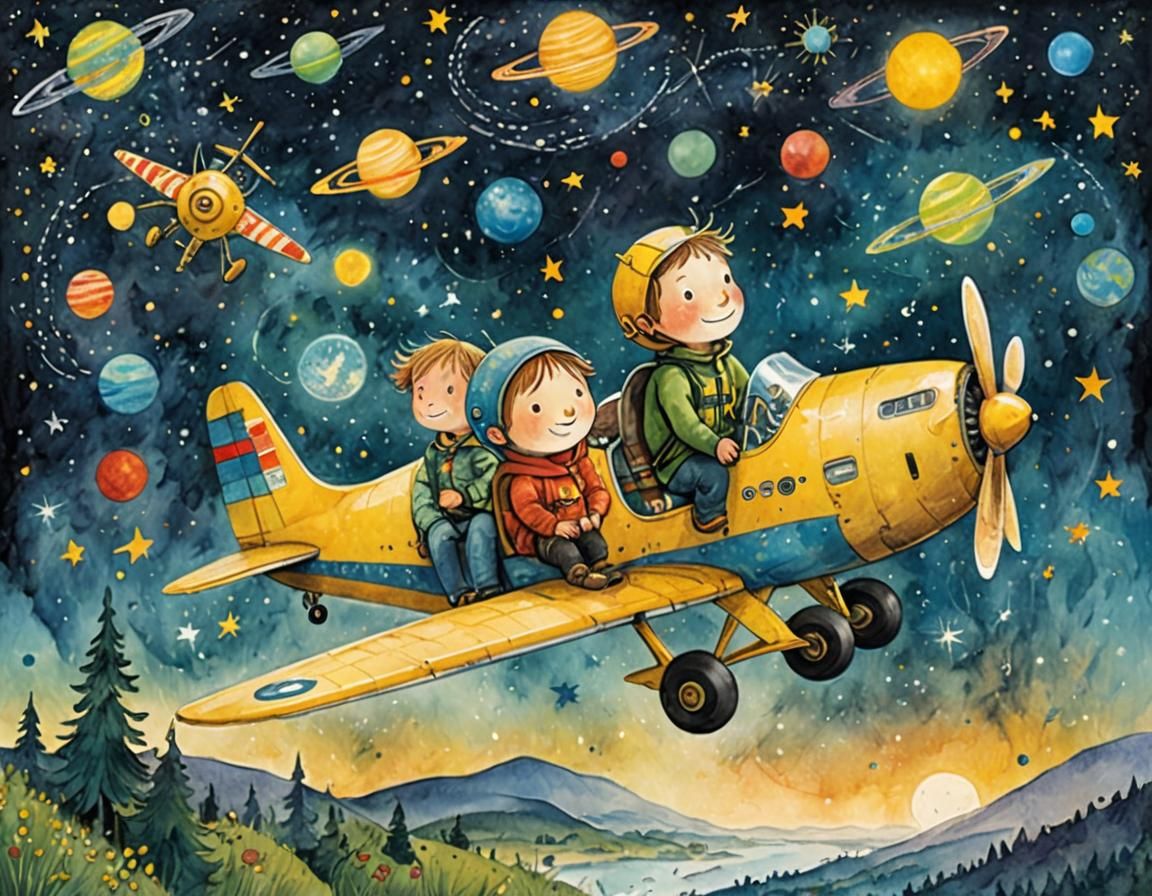 Children's Storybook Illustration of Kids Flying Plane