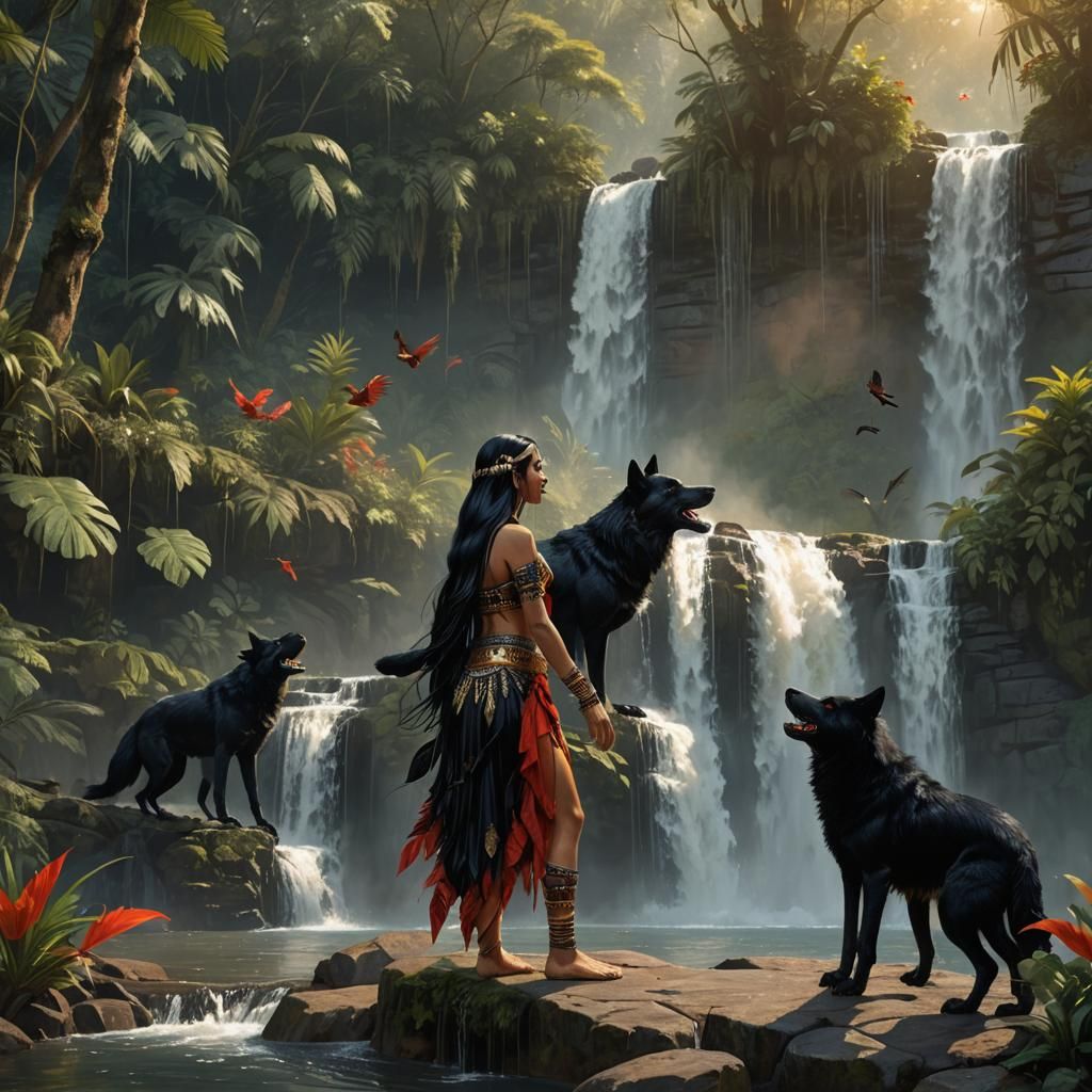 Amazonian Woman with Wolf in Hyperrealistic Digital Art