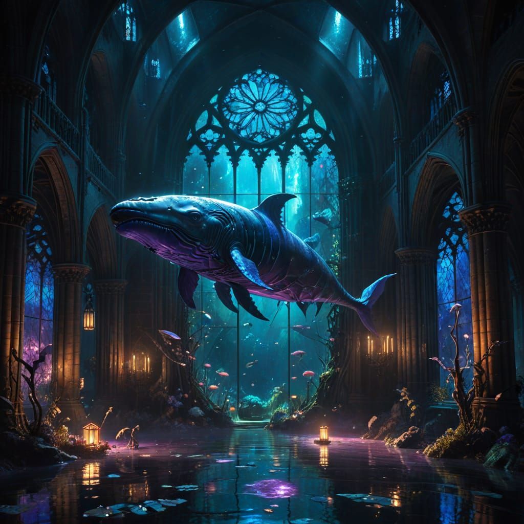 Gothic Cathedral Submerged in Alien Bioluminescent Ocean