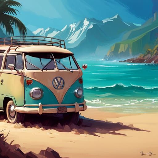 Retro VW Bus on Beach in Vintage Hippie Style