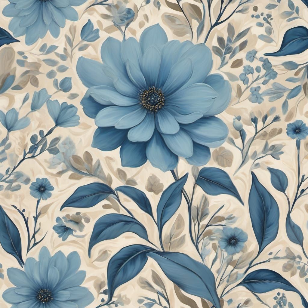 Surrealist Floral Painting in Tender Beige and Antique Blue