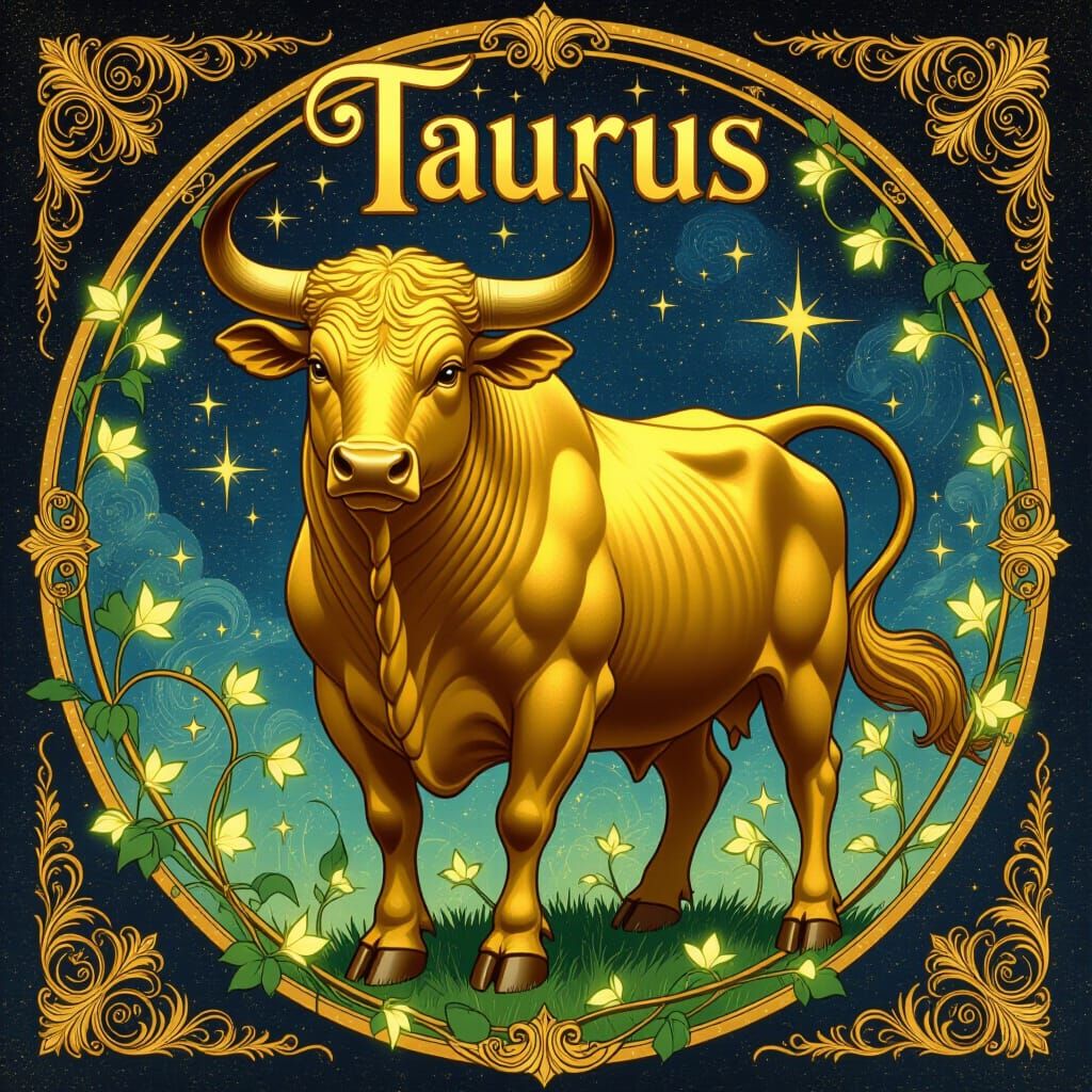 Taurus Golden Bull in Celestial Fantasy Art Style