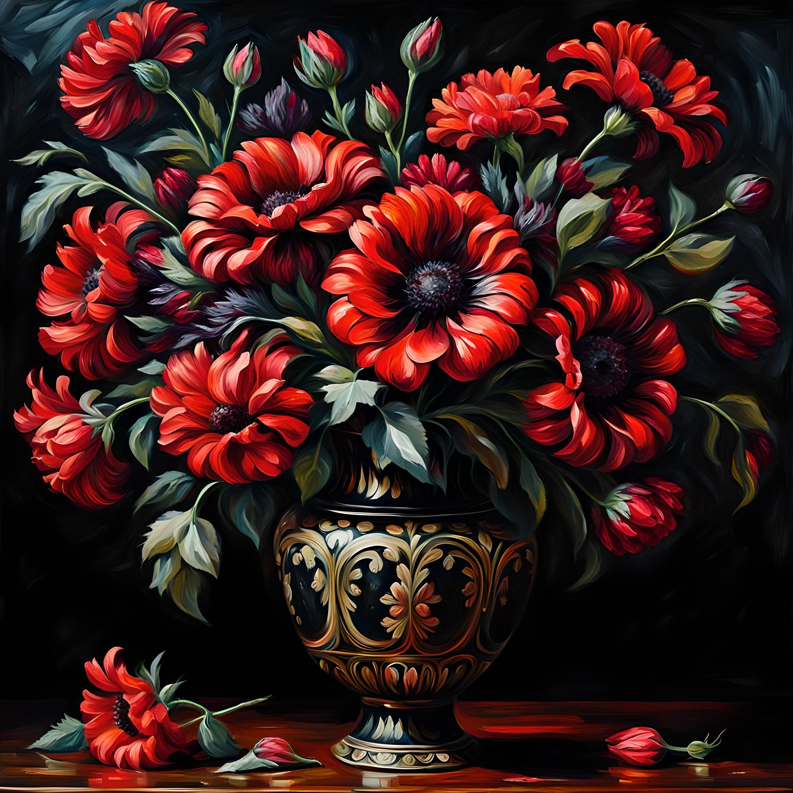 Striking Red and Black Floral AI Art