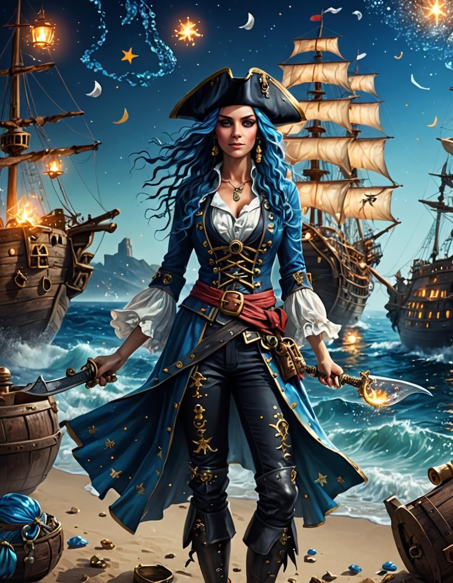 Fantasy Pirate Captain with Blue Hair by Ocean