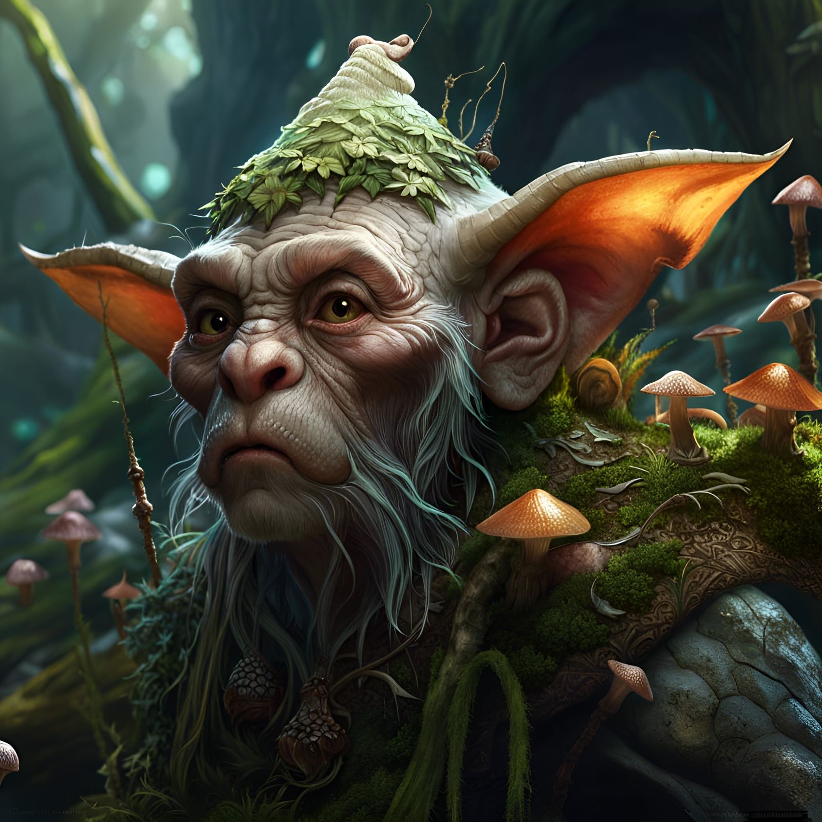Photorealistic Goblin with Fungi in a Detailed Cave