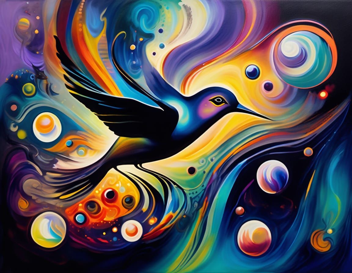 Surrealist Dreamscape with Goth Woman and Iridescent Bird