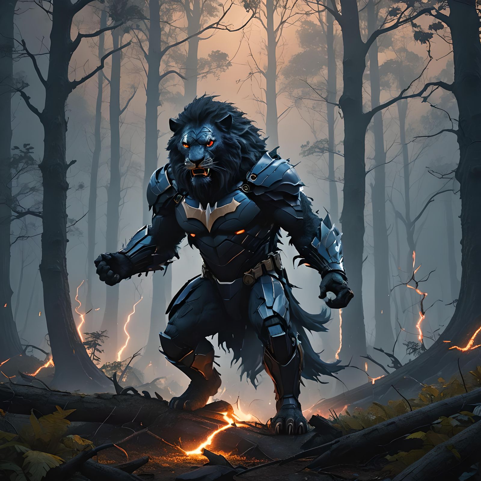Angry Batman Lion in Lightning Storm