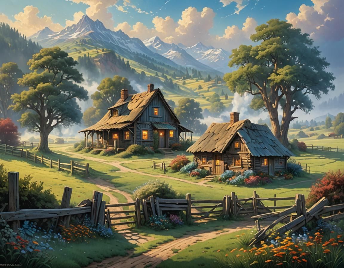 Ethereal Ranch with Wooden Hut in Hyperdetailed Style