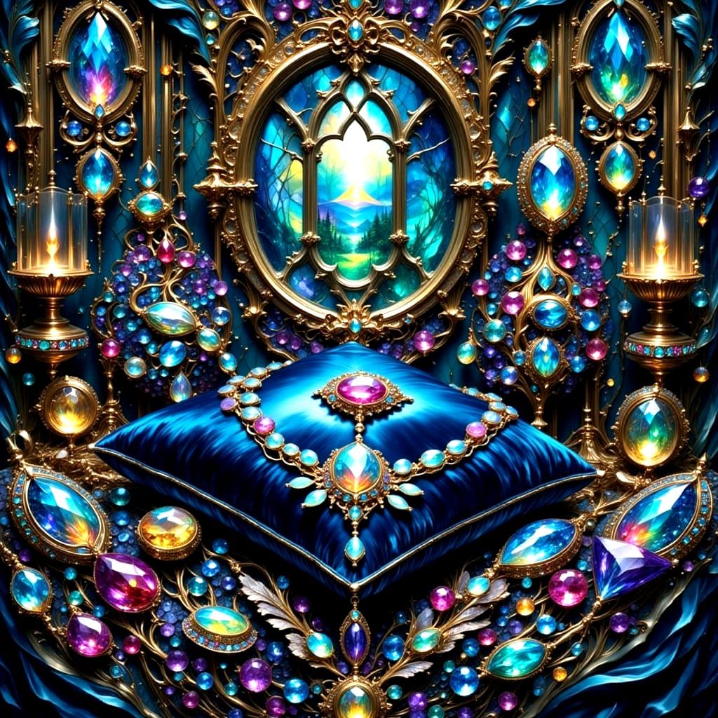 Elegant Opal and Ruby Jewelry on Velvet Cushion in Whimsical...