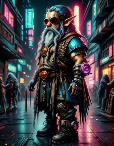 Cyberpunk Dwarf in Neon-Lit Fantasy Realm
