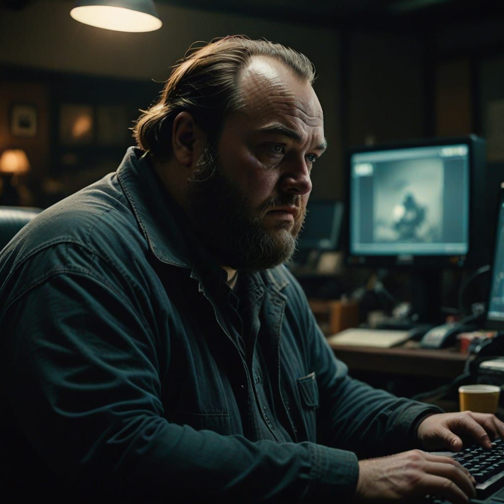 Depressed Man at Computer in Moody Lighting