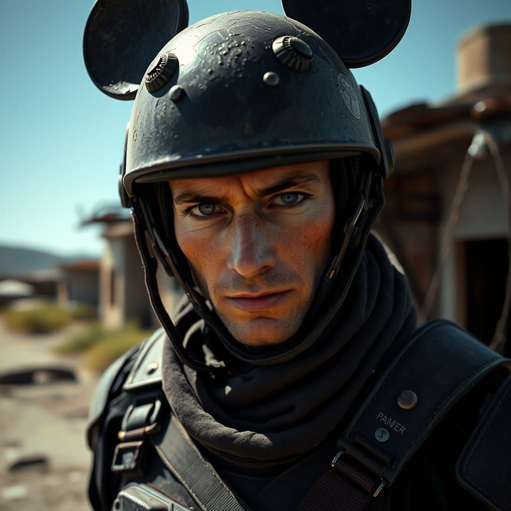 Gritty Post-Apocalyptic Raider in Grungy Armor and Mickey Mo...