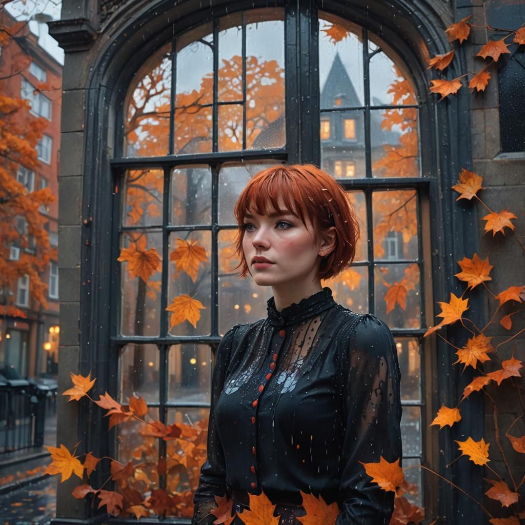 Woman in Rainy Cityscape: Fantasy Concept Art