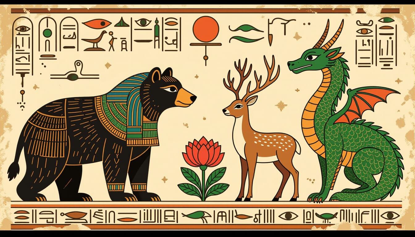 Egyptian Hieroglyphs: Bear, Deer, Lotus, Dragon