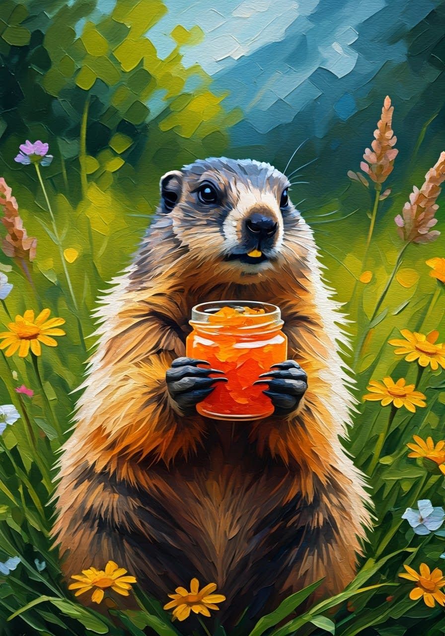 Marmot Savoring Vibrant Marmalade in a Whimsical Meadow