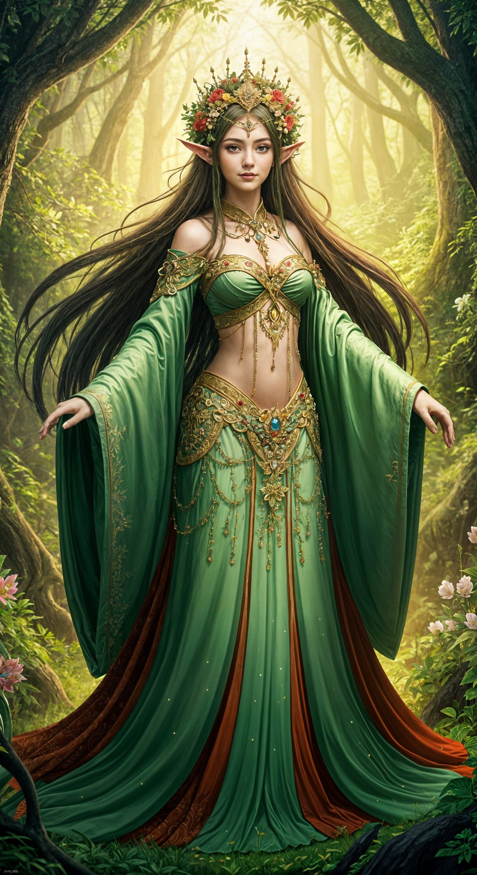 Regal Forest Elf Princess in Traditional Attire with Flowers...