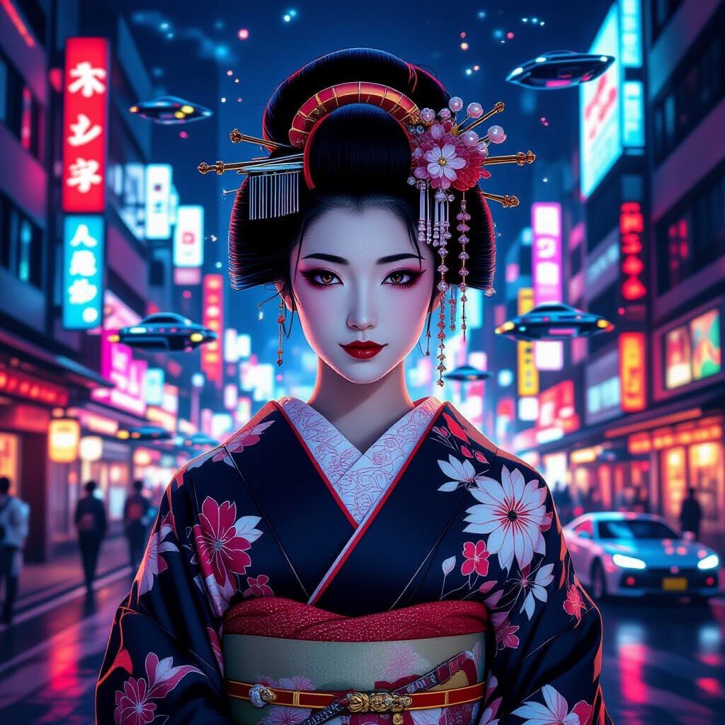 Geisha in Neon Tokyo: A Cyberpunk Anime Portrait