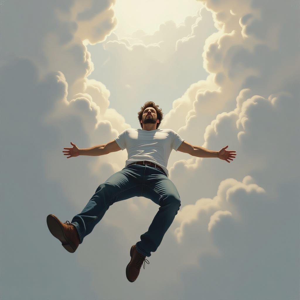 Man Falling Through Clouds with Regretful Expression