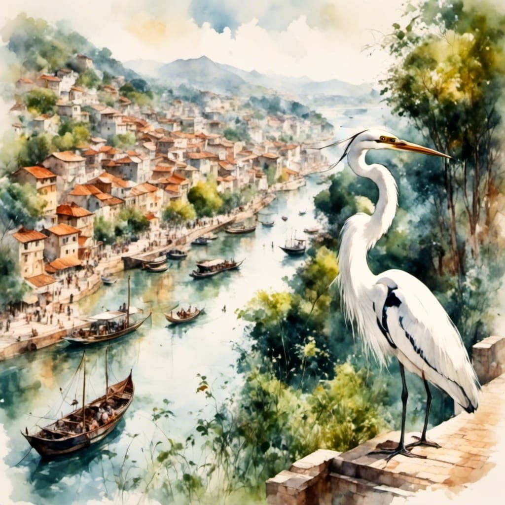 Elegant Heron Overlooks River in Watercolor Sketch