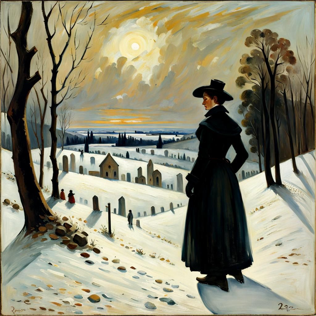 Misty Graveyard Scene in Oil Painting Style