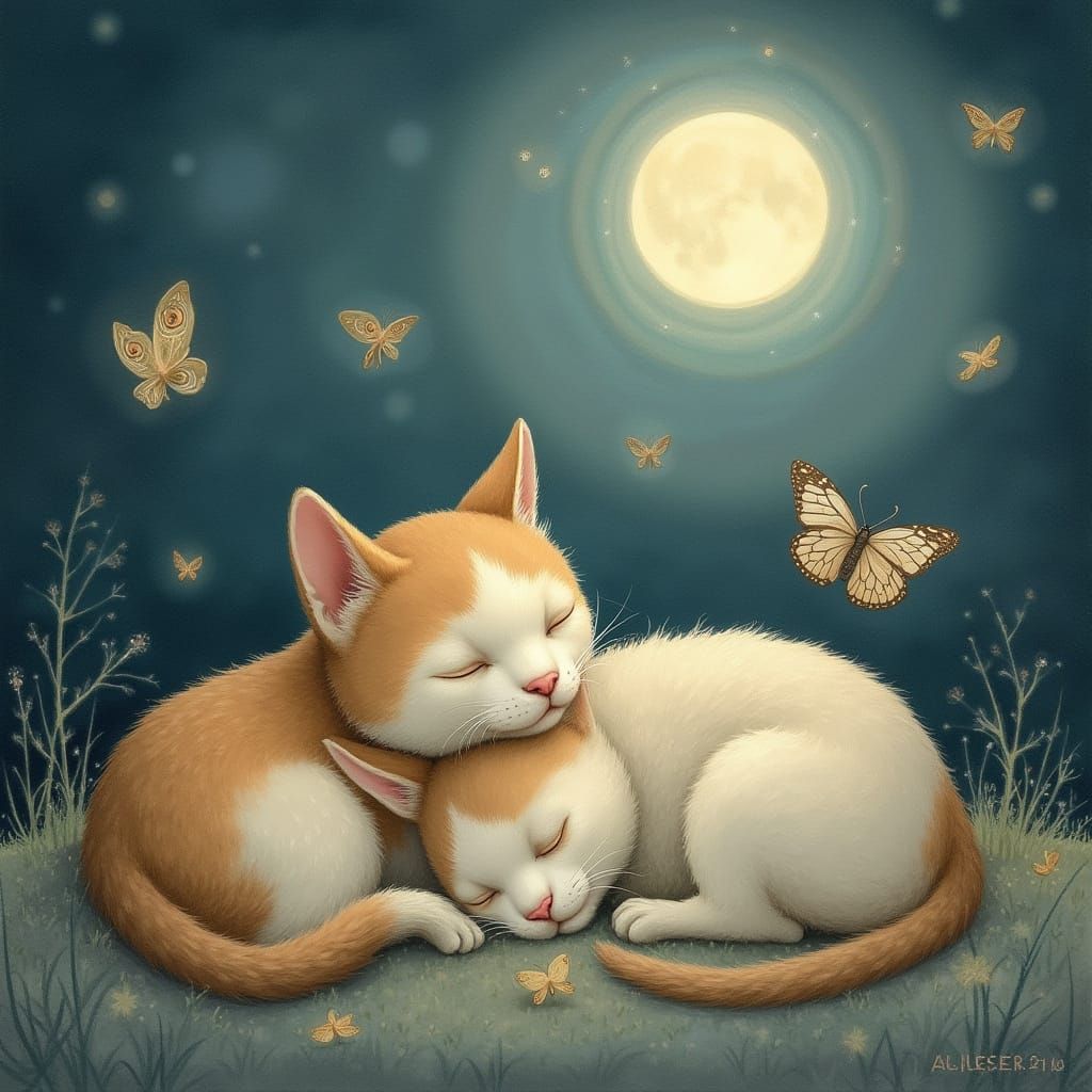 Peaceful Feline Canine Duo Under Silvery Moonlight with Whim...