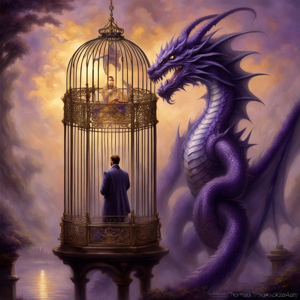 Purple and Gold Dragon in Ethereal Fantasy Cage