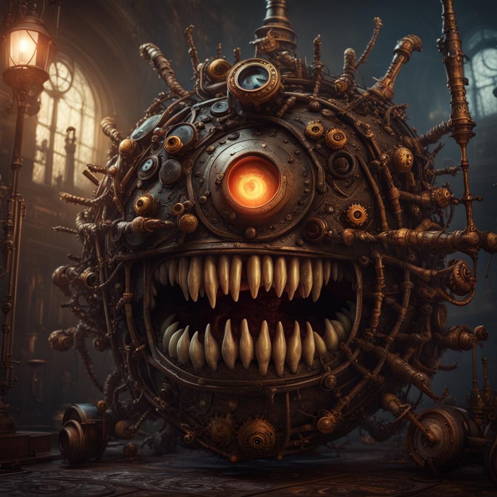 Steampunk Horror Beholder with Glowing Eyes
