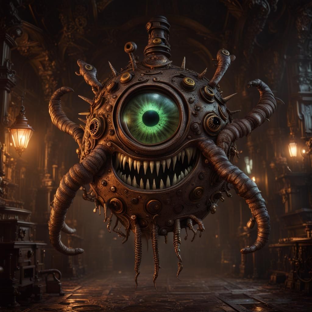 Steampunk Beholder with Glowing Eyes in Detailed Matte Paint...