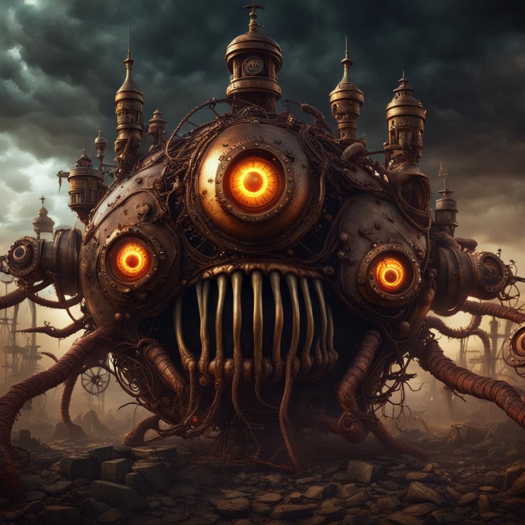 Steampunk Horror Beholder with Glowing Eyes