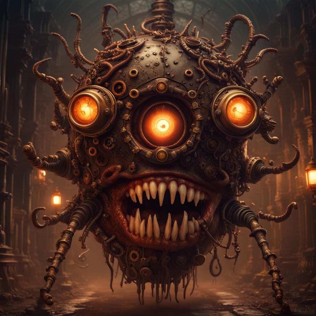 Steampunk Horror Beholder with Glowing Eyes
