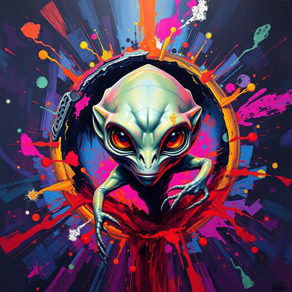Stylized Alien Emerges from Abstract Expressionist Portal