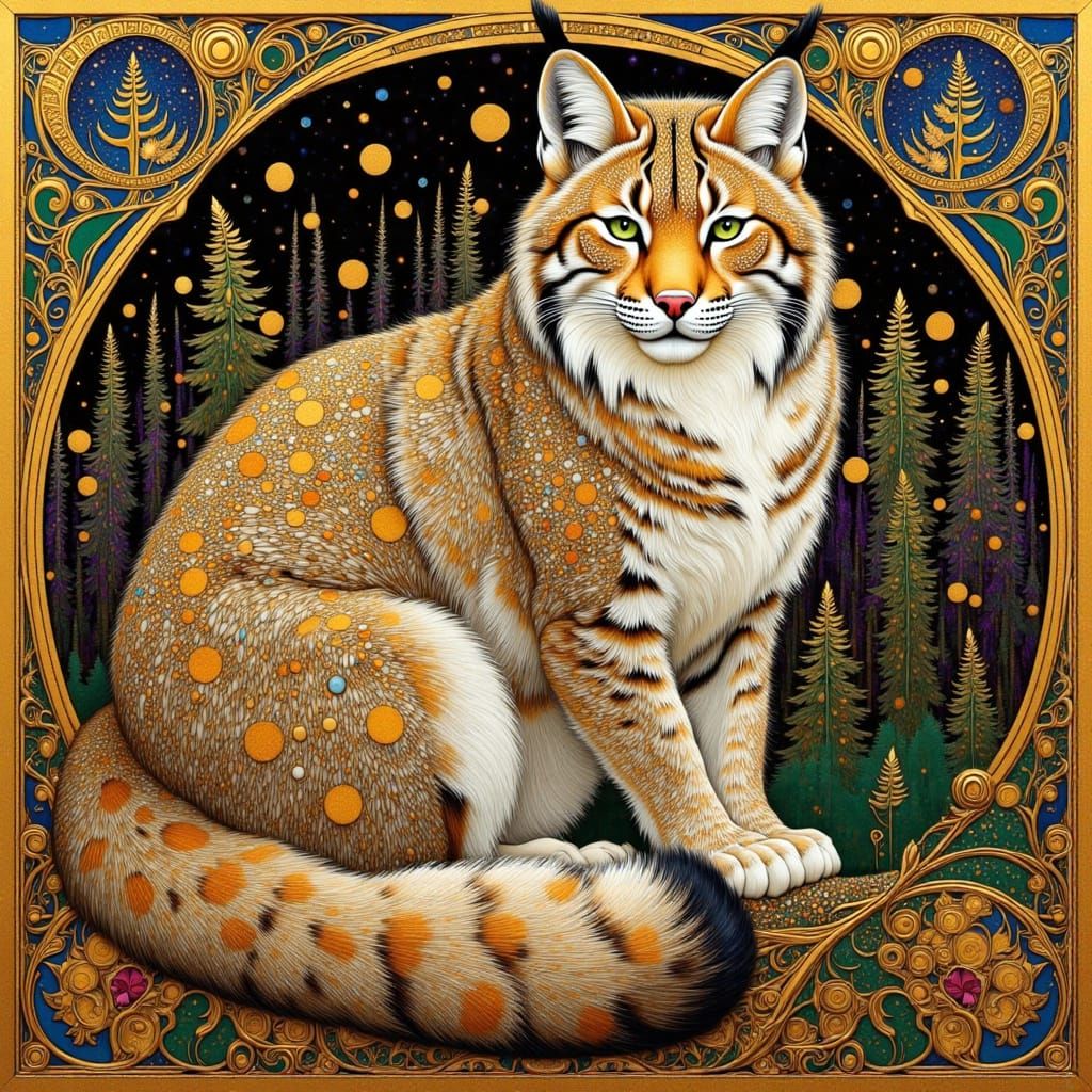 Lynx in Art Nouveau Boreal Forest
