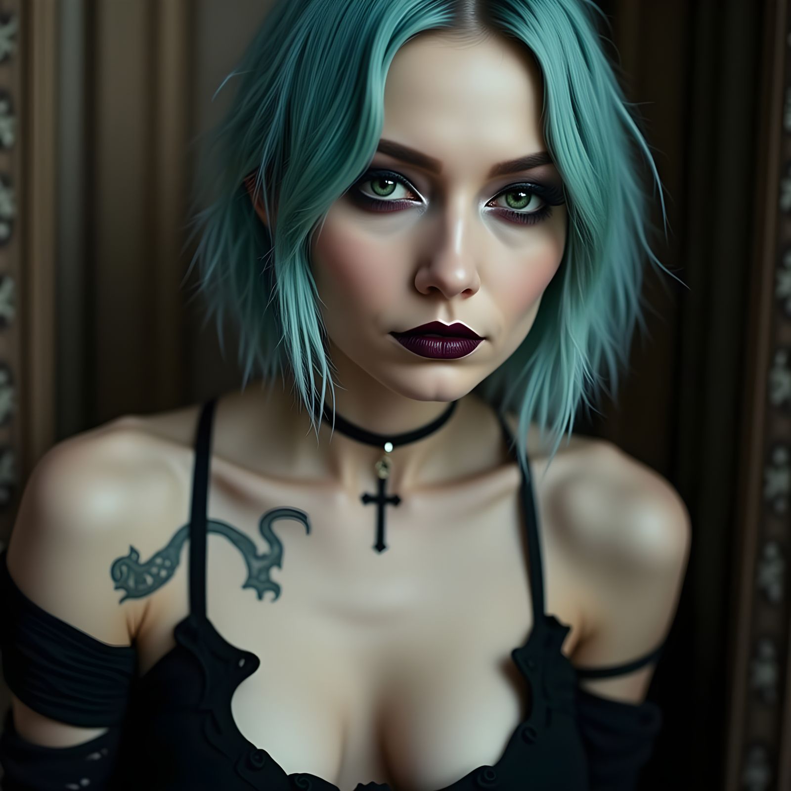 Ethereal Woman with Teal Hair in Gothic Style
