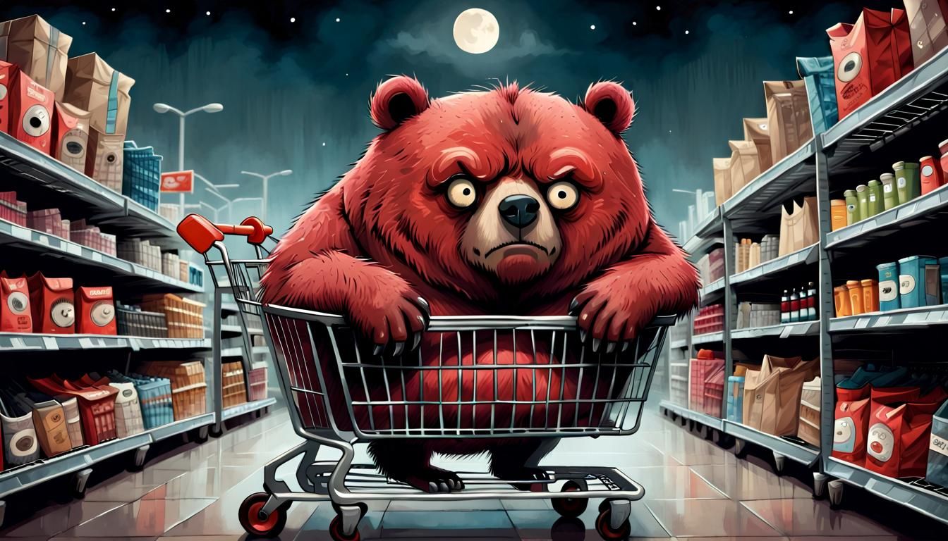 Grumpy Bear Snoozes in Trolley, Storybook Style