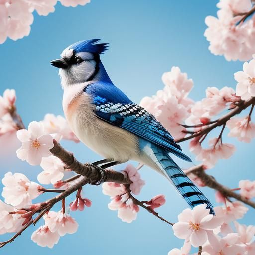 Anime Blue Jay on Cherry Blossom Branch