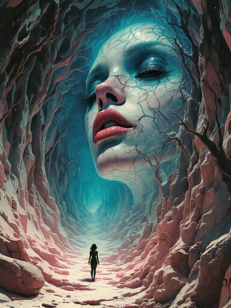 Surreal Pinup Goddess Awakens from Darkened Dreamscape