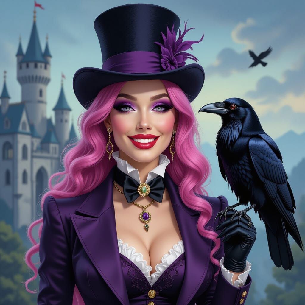 Gothic Pink Haired Woman and Raven in Castle