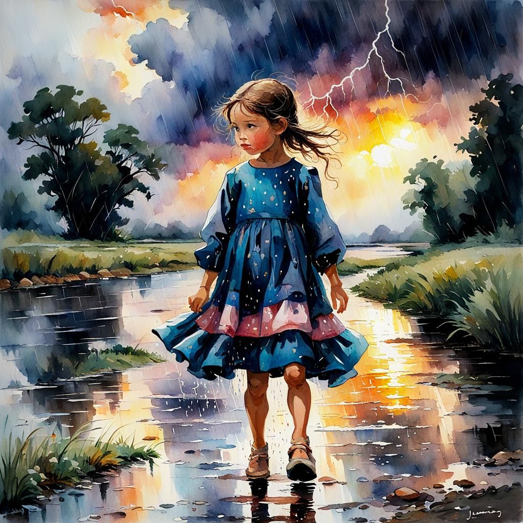Girl in Rainstorm: Watercolor Landscape Painting