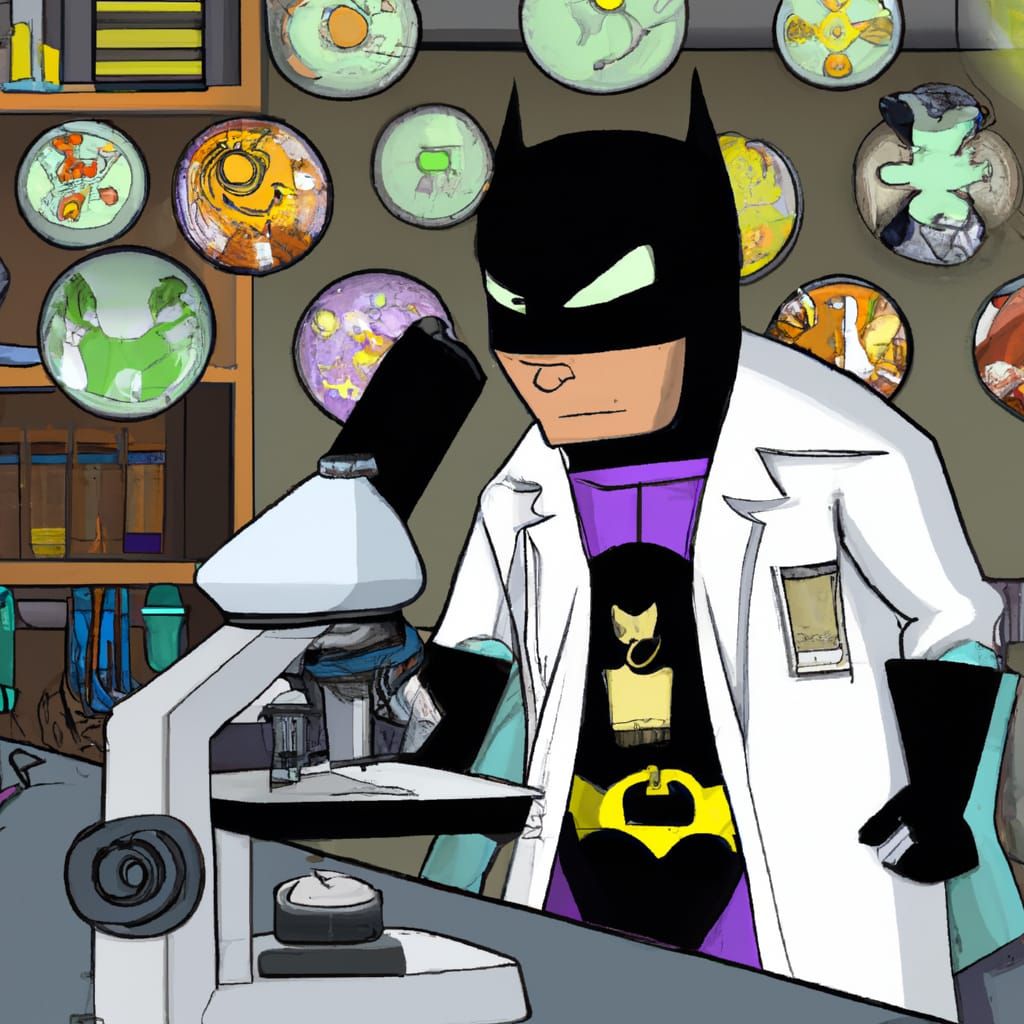 Cartoon Batman as Scientist Examining Bacteria