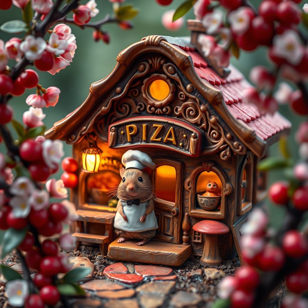 Mouse Chef at Miniature Pizza Restaurant in Folk Art Style