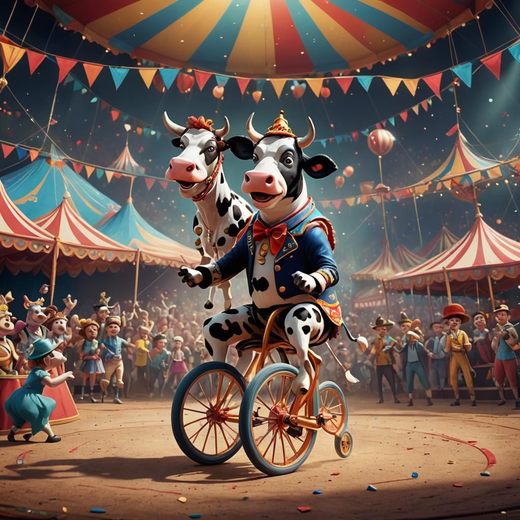 Cartoon Cow Rides Unicycle in Circus Tent
